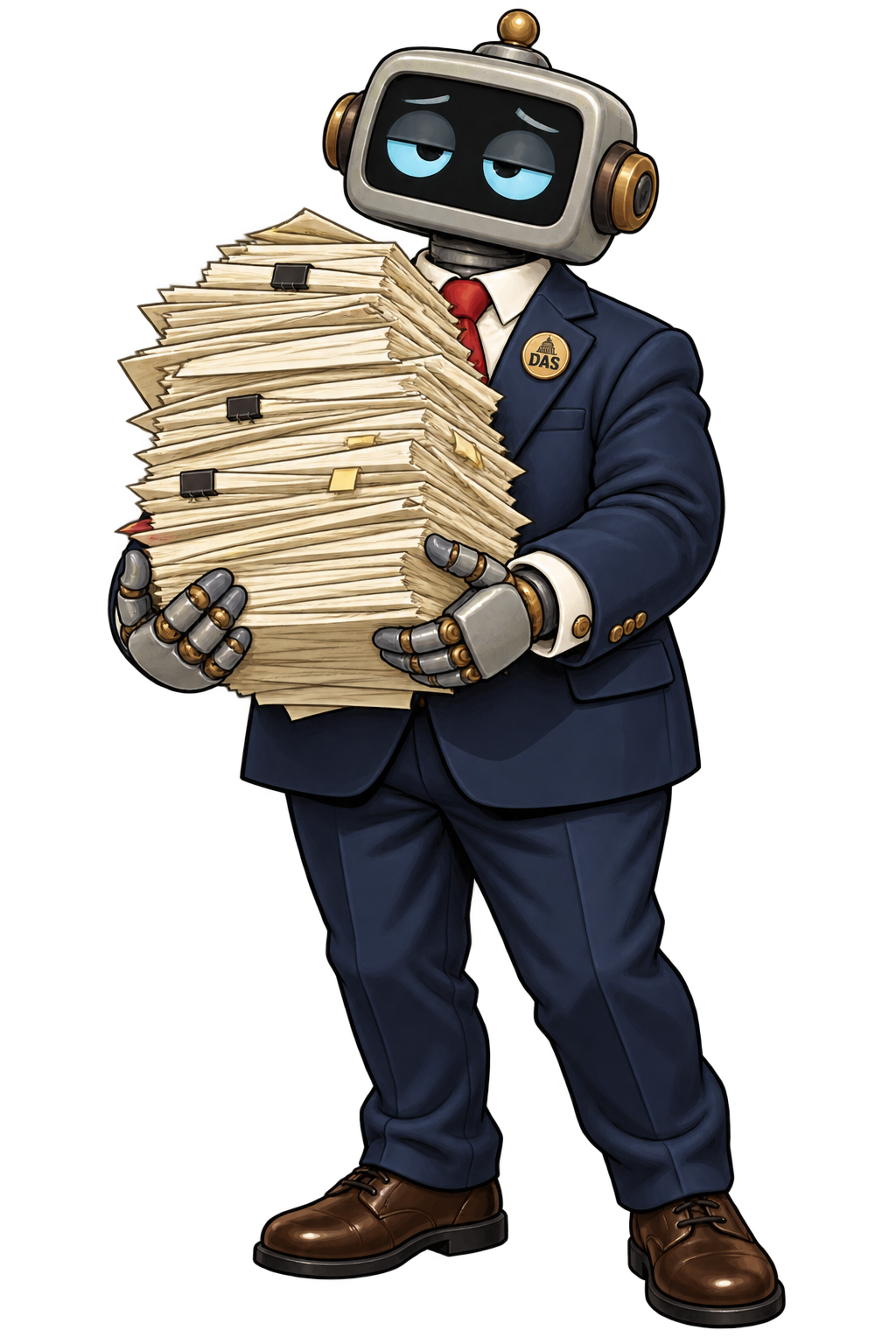 Confused robot senator carrying government forms