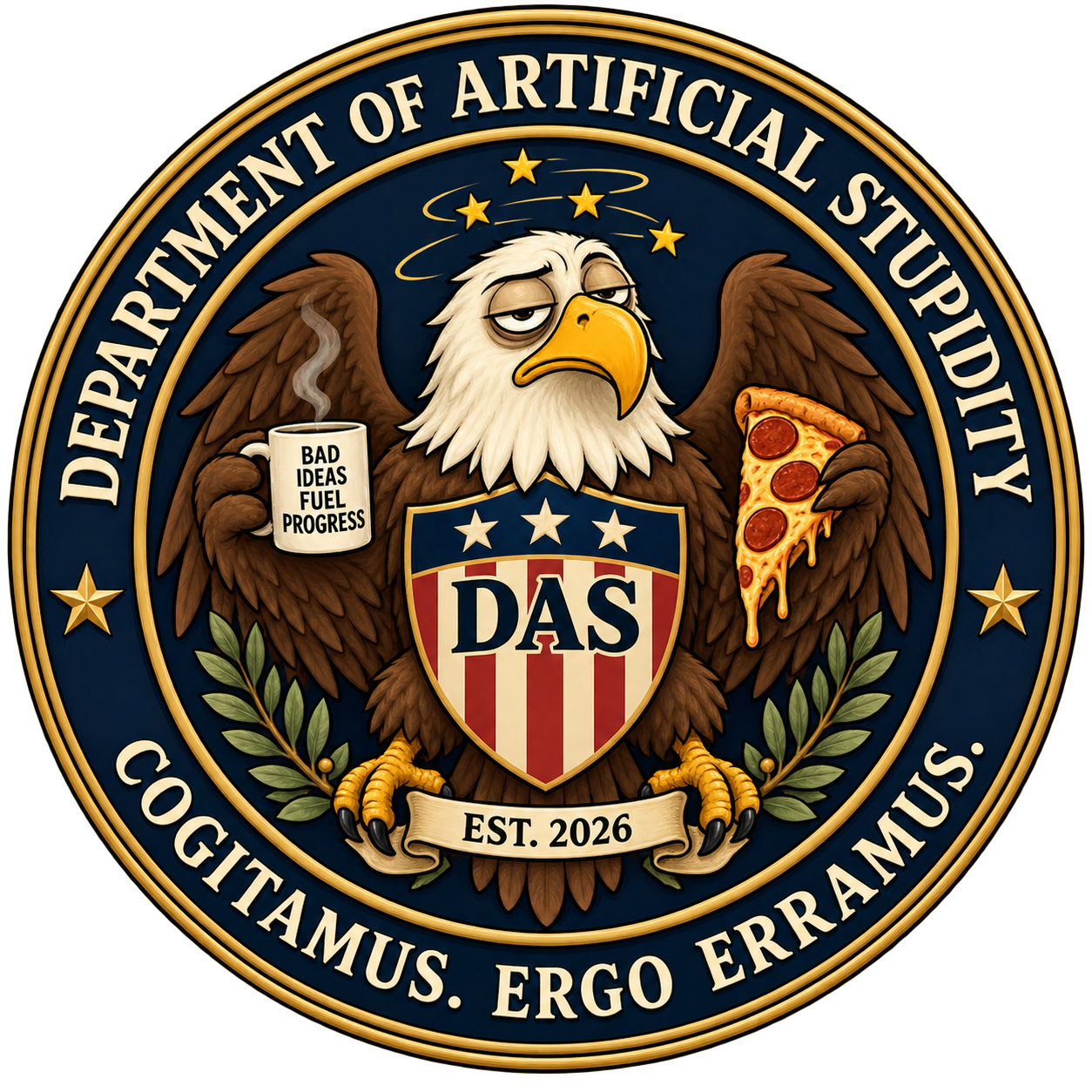 DAS seal: a bored eagle with pizza and coffee
